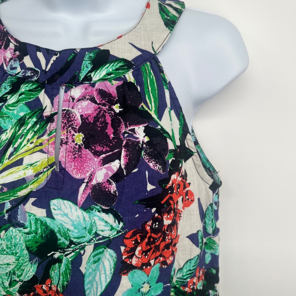 100% Linen Keyhole Shift Dress Women XS C&C California Blue Floral Sleeveless - Picture 4 of 9